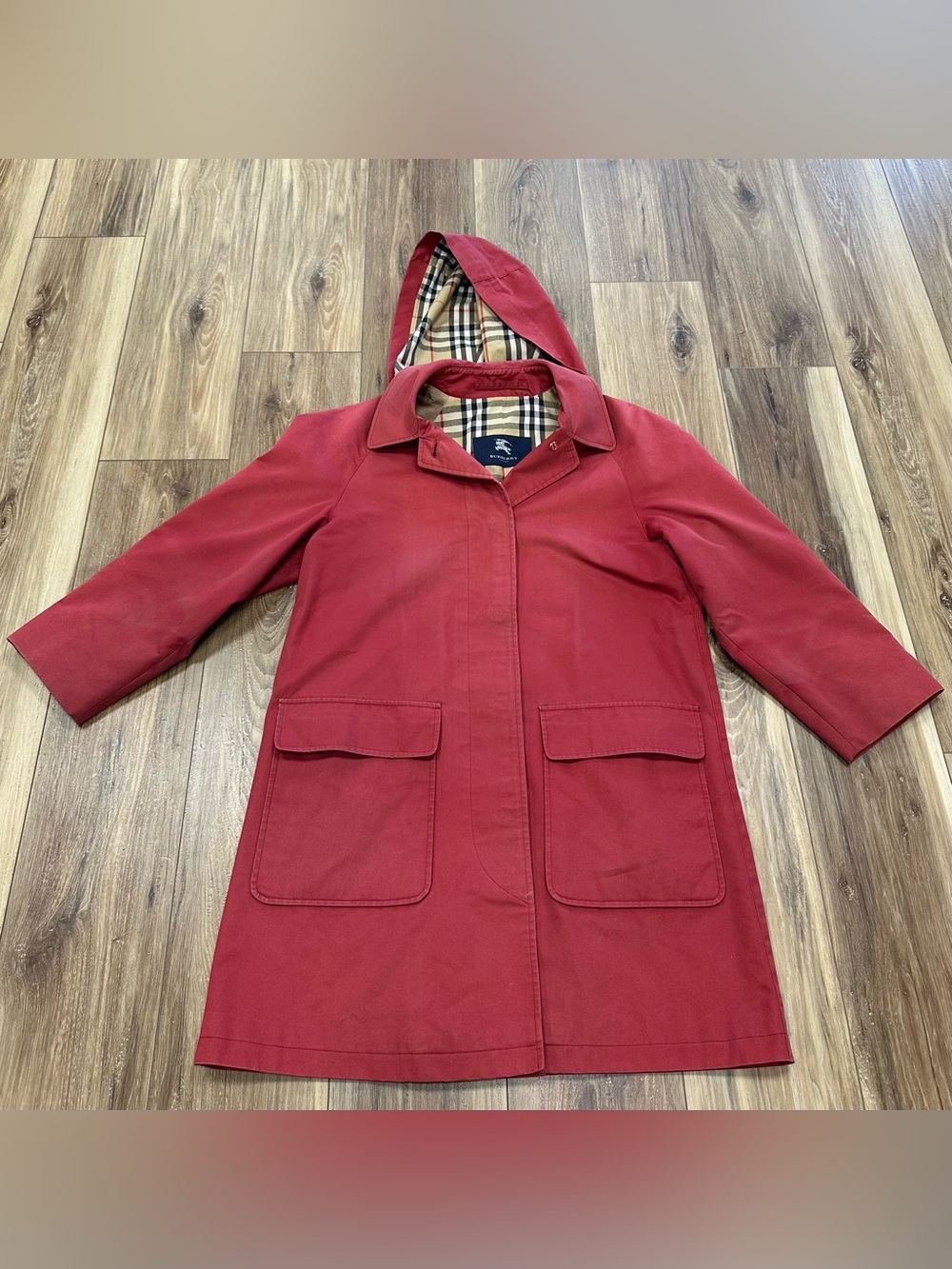 Vtg Burberry Hooded Trench Coat Jacket Nova House Check, Red, Women’s 14/Large